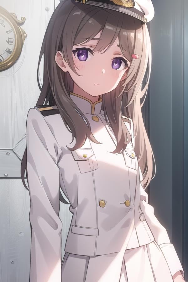 chinamoeka, <lora:china moeka s1-lora-nochekaiser:1>,china moeka, long hair, brown hair, (purple eyes:1.1),BREAK hair ornament, hat, hairclip, uniform, military, military uniform, peaked cap, naval uniform, (white uniform:1.5),BREAK outdoors, ship, navy,BREAK looking at viewer, (cowboy shot:1.5),BREAK <lyco:GoodHands-beta2:1>, (masterpiece:1.2), best quality, high resolution, unity 8k wallpaper, (illustration:0.8), (beautiful detailed eyes:1.6), extremely detailed face, perfect lighting, extremely detailed CG, (perfect hands, perfect anatomy),