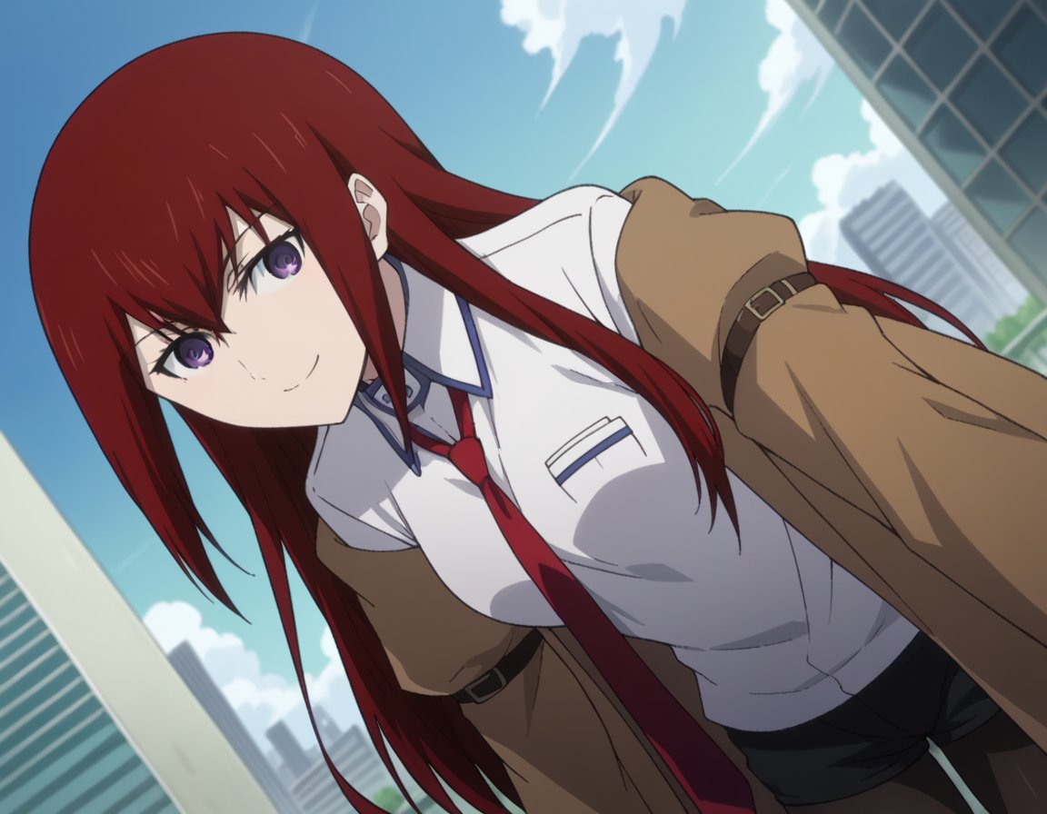 score_9, score_8_up, score_7_up, source_anime,kurisumakise, <lora:kurisu-makise-s1-ponyxl-lora-nochekaiser:1>,kurisu makise, hair between eyes, hair over shoulder, long hair, purple eyes, red hair, straight hair,black pantyhose, black shorts, brown coat, coat, collared shirt, long sleeves, necktie, pantyhose, pantyhose under shorts, shirt, short shorts, shorts, sleeves past wrists, white shirt, wing collar,outdoors, cityscape, bent over, smile,looking at viewer, cowboy shot, solo, dutch angle,