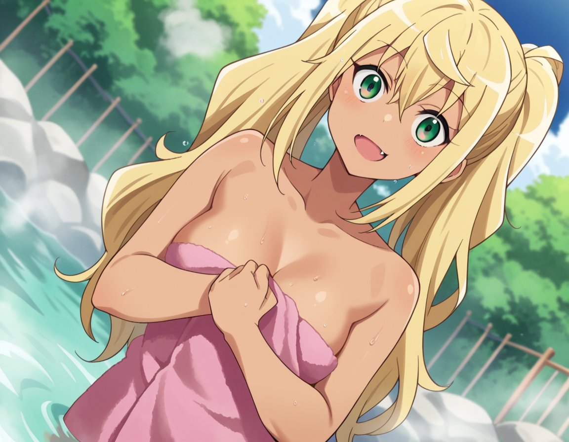 score_9, score_8_up, score_7_up, source_anime,hibikisakura, <lora:hibiki-sakura-s1-ponyxl-lora-nochekaiser:1>hibiki sakura, long hair, blonde hair, hair between eyes, twintails, green eyes, fang, dark skin, dark-skinned female, gyaru, mature female,nude, naked, outdoors, onsen, towel, naked towel, steam, bathing, nude cover, partially submerged, water, bath, steam censor, wet towel,looking at viewer, dutch angle, cowboy shot