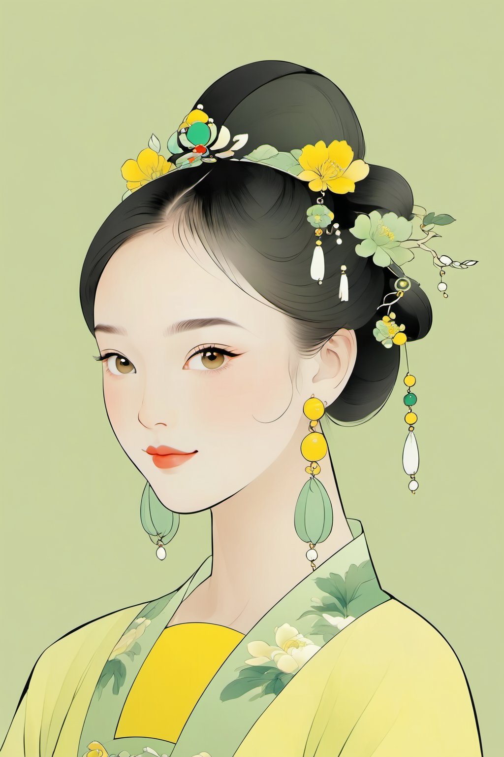 (chinese traditional minimalism:1.3), Close-up Portrait, Left View, Chinese eenchanting Maiden, Charming smile, solo,1girl, beautiful ,elegant, yellow-green color matching , white background, hair, hair accessories, earrings,