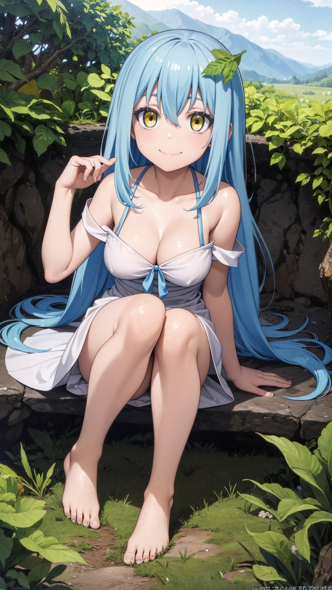 (masterpiece, best quality), ray tracing, absurdres, HDR,rimuru tempest, underground lake goddess, 1girl,yellow eyes,blue hair,large breasts , ,hair between eyes, long hair, solo, leaf hair ornament, dress, comic, , closed mouth, , smile, barefoot, off shoulder, bare arms ,looking at viewer, blush<lora:rimuru_lake_goddess:0.7>