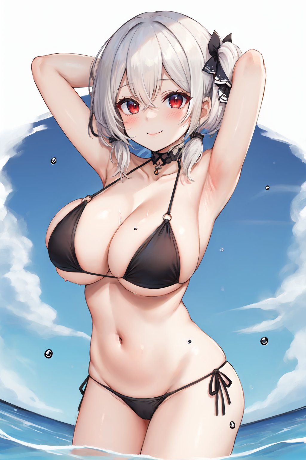 1girl, sirius \(azur lane\), sirius \(scorching-hot seirios\) \(azur lane\), , azur lane, armpits, arms behind head, arms up, ass, bare shoulders, bikini, black bikini, blush, breasts, butt crack, closed mouth, collarbone, hair between eyes, huge breasts, looking at viewer, low twintails, o-ring, official alternate costume, red eyes, short hair, short twintails, smile, solo, swimsuit, thighs, thong, thong bikini, twintails, water, water drop, white hair, 