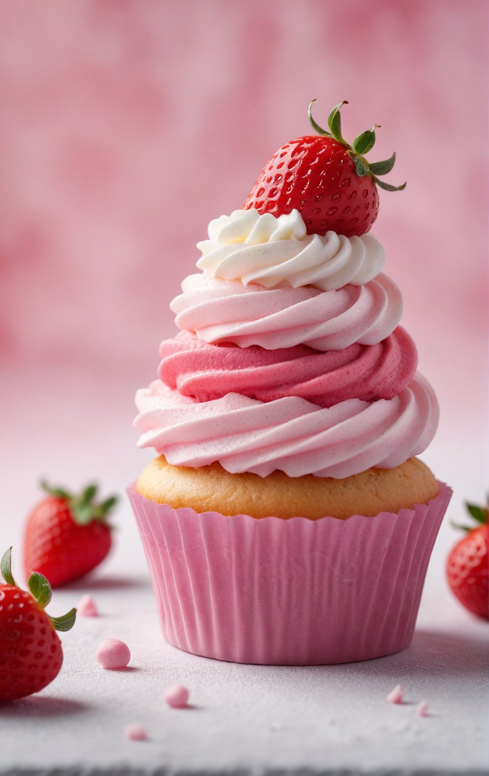 8k, extremely detailed pink cupcake, blur background, photo-realistic still life, (frosting white), playful color, fog, strawberry on top, photo-realistic still life <lora:InfiniteReality_SDXL_fp16:1>