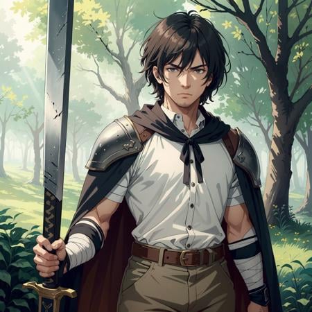 (fantasy, fantasy-style), male focus, solo, black hair, short hair, black eyes, closed mouth, standing, bangs, looking at viewer, angry, weapon, sword, holding sword, bandaged arm, torn clothes, belt, cape, short hair, ((cloak, armor)), short sleeves, dirty clothes, brown belt, bandages, shirt, pants, (cowboy shot), tree, outdoors, nature, forest, day, sunlight, plant, scenery, bush, leaf, (((masterpiece))), (highest quality), best quality, highres, (intricate details), 8K, ((perfect face)), (Mature Face:1.4), (beautiful face:1.15), detailed eyes, messy hair