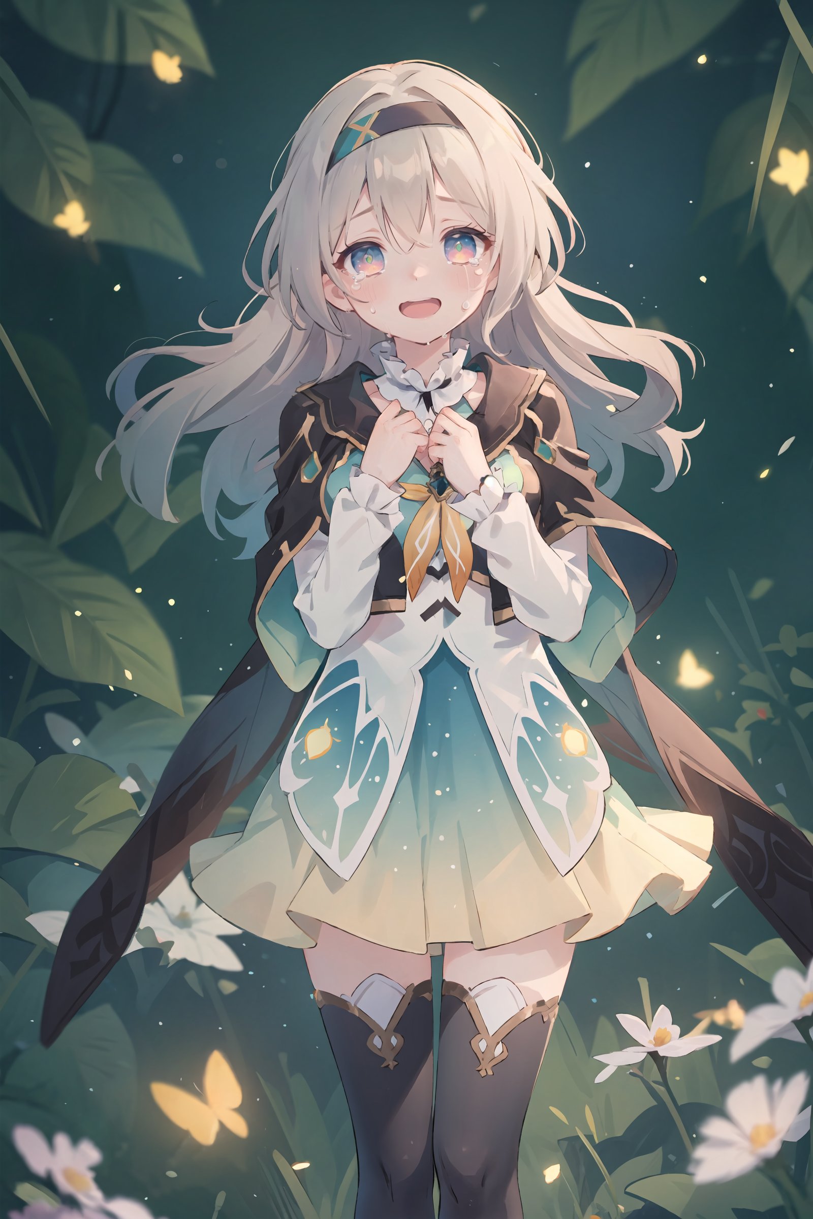 1girl, firefly \(honkai: star rail\), solo, black thighhighs, hairband, gradient skirt, hair ornament, blouse, frilled collar, cropped jacket, yellow neckerchief, cowboy shot, standing, floating hair,  depth of field, hands on own chest, crying with eyes open, light smile, bokeh, fireflies, night