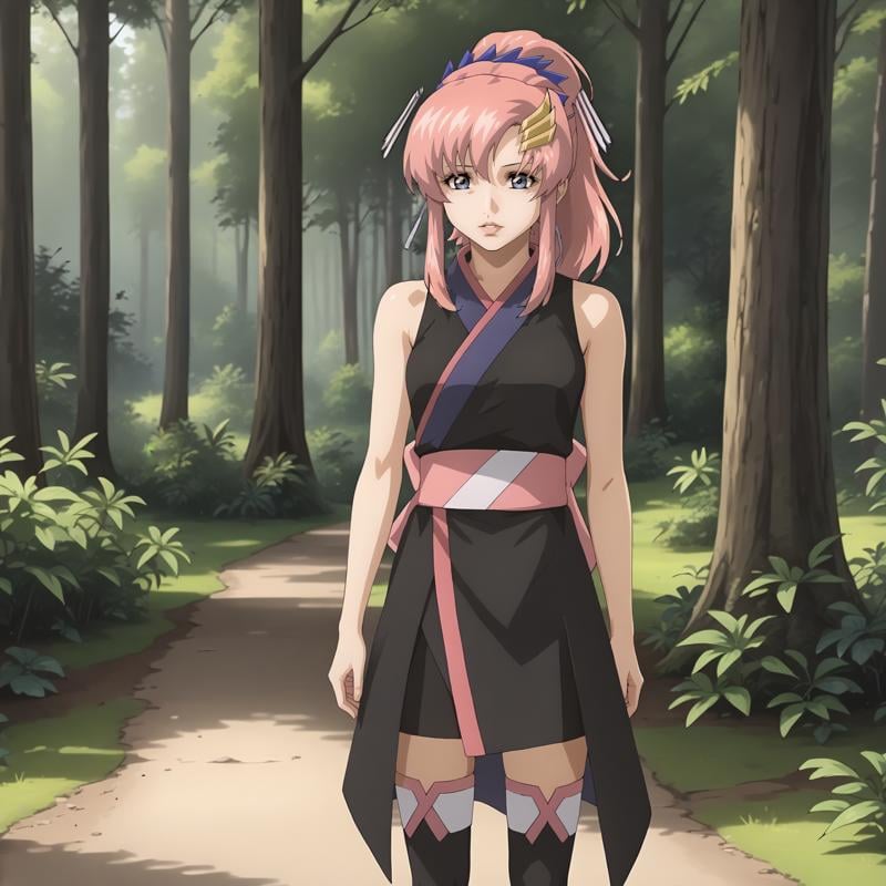 <lora:LacusClyneXLpony002>,looking at viewer,parted lips,solo,LacusClyne,1girl,pink hair,ponytail,blue eyes,hair ornament,black costume,sleeveless,bare shoulders,pink sash,short skirt,thighhighs,outdoors,nature,standing,full body,