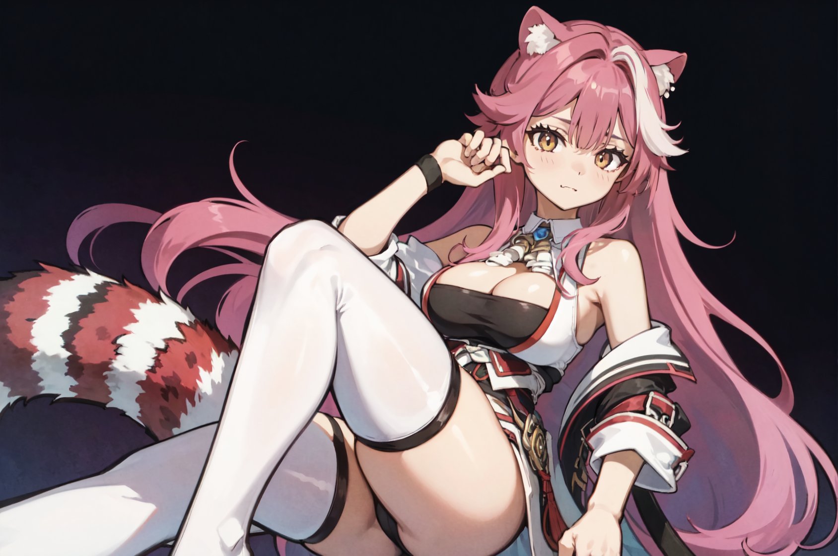 raorapanthera, 1girl, solo, long hair, large breasts, gloves, thighhighs, hat, animal ears, cleavage, bare shoulders, very long hair, tail, yellow eyes, pink hair, thighs, sleeveless, black gloves, fang, cat ears, white thighhighs, black headwear, goggles, goggles on head, leopard girl, beret, streaked hair, white hair, messy hair, sidelocks, panther tail, pink tail tip, hair between eyes, pink jacket, white collar, white legwear, asymmetrical legwear, thigh highs, high heels, high heel boots, white footwear, pink footwear, white skirt, black shirt, white shirt, belt, gem, thick thighs, drawing glove, hair flaps, best quality, masterpiece, <lora:RaoraPanthera v1.0:0.8>, 