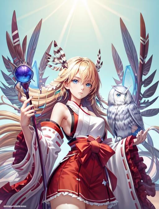 best quality, masterpiece, highres, detailed, digital artwork, <lora:Detail - add_detail:0.2>, MinervaVG, blue eyes, blonde hair, nontraditional miko, holding staff, magic, <lora:Character - MinervaVG:0.8>, futuristic city, serious, owl, 