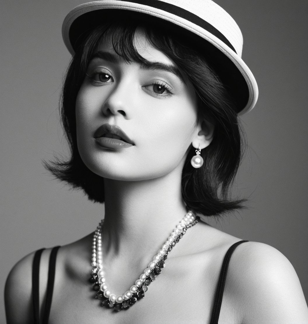 Gray,Monochrome,(black-and-white photograph:1.5),,,black-and-white photograph,1girl,jewelry,necklace,monochrome,greyscale,solo,earrings,hat,pearl necklace,looking to the side,realistic,mole,lips,mole under eye,short hair,upper body,portrait,<lora:heibaishey:0.8>,<lora:add_detail:1>