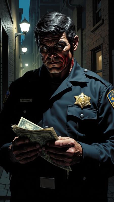 A corrupt police officer in a dark alley, his face partially obscured by shadows. He counts a wad of cash with a smirk on his face, the money stained with blood. His uniform is disheveled, and his badge gleams faintly in the dim light.<lora:Adventure_Comic_Book:0.8>