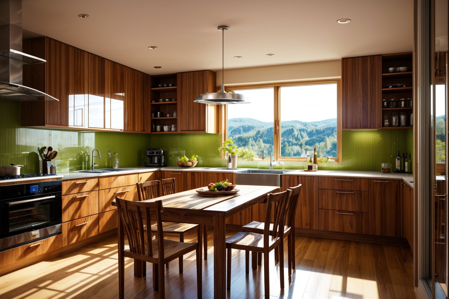 interior,a kitchen with a table and chairs and a wine rack in the middle of the room with a window,Dahlov Ipcar,vray render,a 3D render,photorealism,food,indoors,no humans,window,chair,table,plant,scenery,plate,shelf,kitchen,frying pan,sink,stove,Dive into the ultra-detailed 8k masterpiece,carefully crafted with photorealistic precision of 1.37 ratio,all in the essence of Nayuta Nordic Modern Interior Design. Art form: Photography. Inspired by the techniques of Annie Leibovitz,the kitchen showcases professional lighting,a scenery where the play of radiosity brightens the room. A stove with a frying pan,a gleaming refrigerator beside tiles and cabinet,a sink with a faucet overlooking a tile wall. On the shelf,there's a spatula,a chair nearby with a plant and some food in a jar. Lens:35mm. The room basks in a warm color temperature. Perfectly illuminated with ray tracing and the best shadows using physically-based rendering,<lora:add_detail:0.5>,<lora:more_details:0.5>,