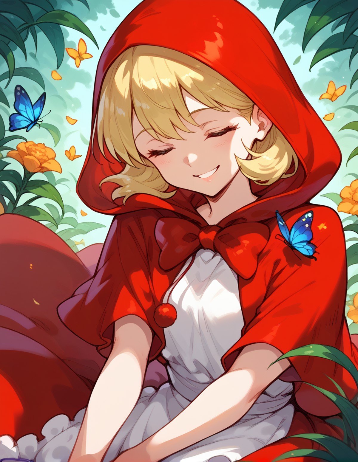 1girl,solo,<lora:bulleta_pony:1>,bulleta,blonde hair,little red riding hood (grimm) (cosplay),red dress,red hood,closed eyes,butterfly,smile,, score_9,score_8_up,score_7_up,score_6_up,score_5_up,score_4_up,