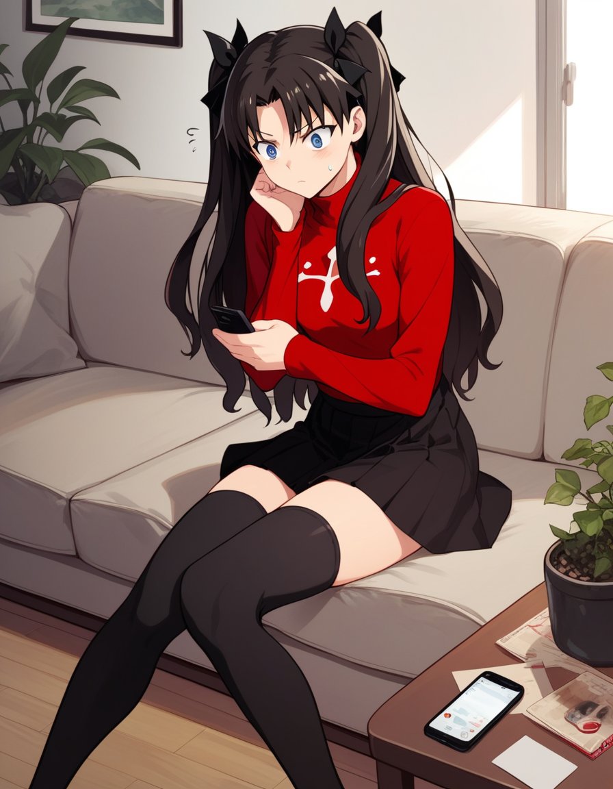 score_9, score_8, score_7, source_anime,rating_safe,1girl, solo, tohsaka rin, red turtleneck, black skirt, thighhighs, zettai ryouiki, living room, sofa, sitting, looking at phone, surprised, annoyed, sweatdrop, plant