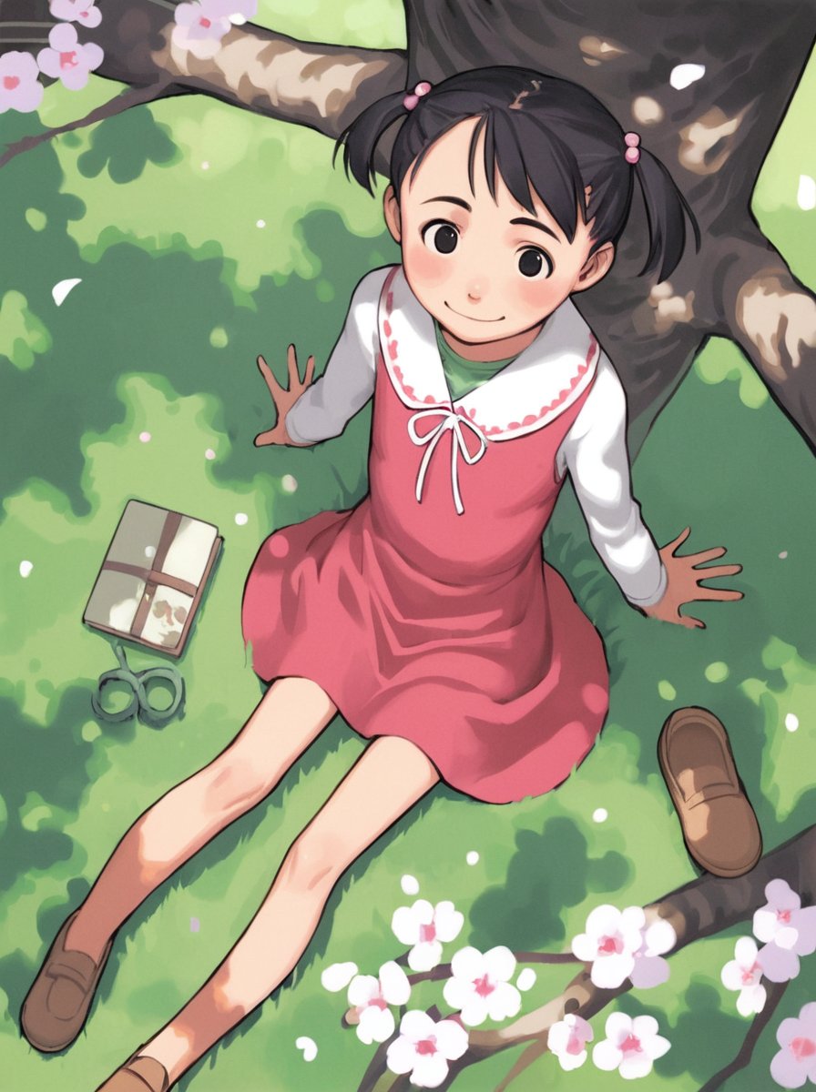 score_9_up,score_8_up,score_7_up, <lora:comiclo-xl-pony:0.7>,1girl, solo, black hair, twintails, sitting, tree, shoes removed, dress, smile, black eyes, cherry blossoms, from above, shoes, blush, short twintails, book, bag, grass, short hair, flower, child, outdoors, hair bobbles, hair ornament, looking up, branch, tree shade, long sleeves, looking at viewer, petals, dappled sunlight, arm support, thermos, in tree