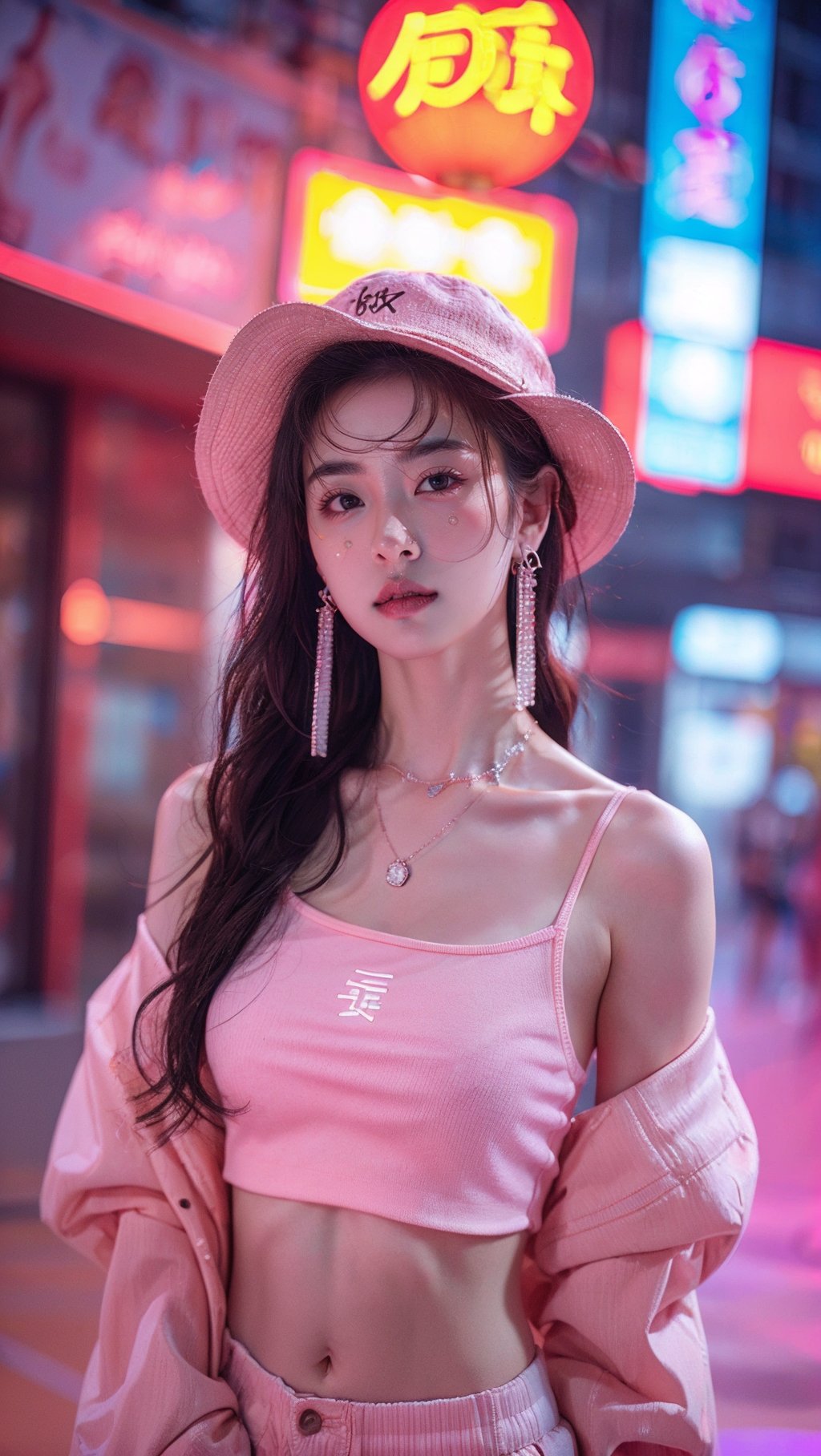 sdmai，fenfen, 1girl, jewelry, hat, realistic, long hair, solo, navel, blurry, blurry background, necklace, looking at viewer, breasts, earrings, midriff, brown hair, brown eyes, parted lips, piercing, neon lights <lora:SDMAI粉粉fenfen:0.7>