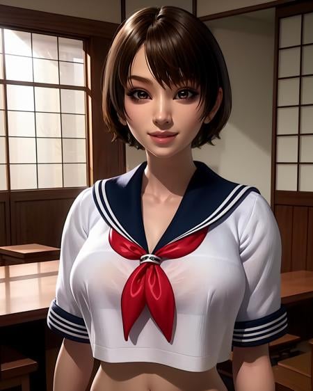 Yuika,brown hair,brown eyes,short hair,lips,school uniform,cmidriff,standing,upper body,indoors,japanese home,smile,(insanely detailed, beautiful detailed face, masterpiece, best quality),solo,<lora:YUIKA-11UMEv2:0.7>,