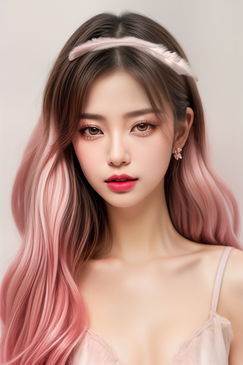 (fashion photography:1.3),(sweet:1.2),((nail polish, eyeliner, eyelashes, lipstick, makeup)),The girl has long,(wavy hair with a mix of pink and white colors:1.1),which gives off a soft and whimsical vibe. They are wearing what appears to be a light-colored,possibly pink,top with a ruffled neckline. The person is also adorned with accessories that include a headband with a bow and what looks like a feather or a decorative element on the side. The overall aesthetic is very cute and playful,with a focus on pastel colors and a fantasy-like quality. The background is simple and does not distract from the subject,which is the person's face and upper body,<lora:add_detail 3:1>,<lora:pcm_sd15_normalcfg_8step:1>,