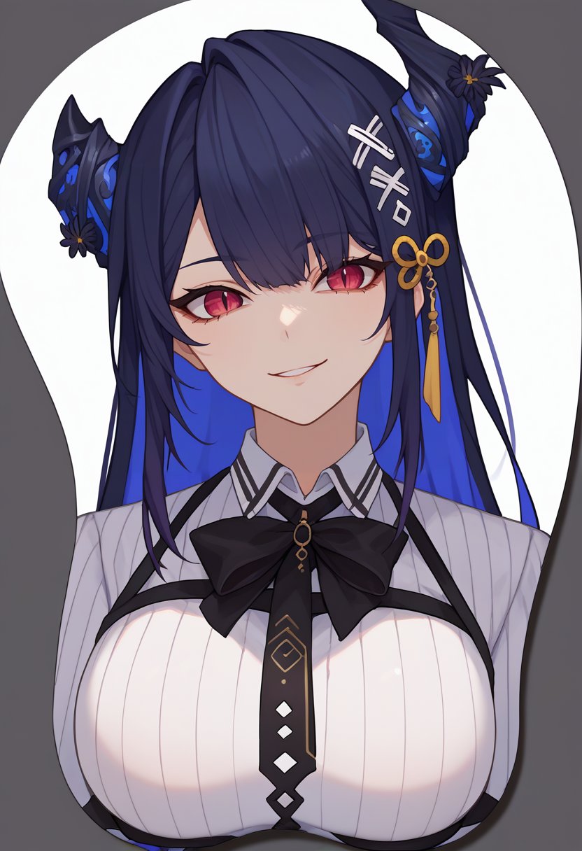 score_9, score_8_up, score_7_up, source_anime, mousepad \(medium\), upper body, cropped torso, white background, solo, 1girl, NerissaBase, seductive smile, looking at viewer, colored inner hair, black hair, blue hair, red eyes, slit pupils, uneven horns, long hair, hair ornament, black ribbon, collared shirt, white shirt, ribbed shirt, large breasts <lora:ChamNerissaRavencroftPonyXL:1> <lora:concept_mousepad_ponyXL:1>