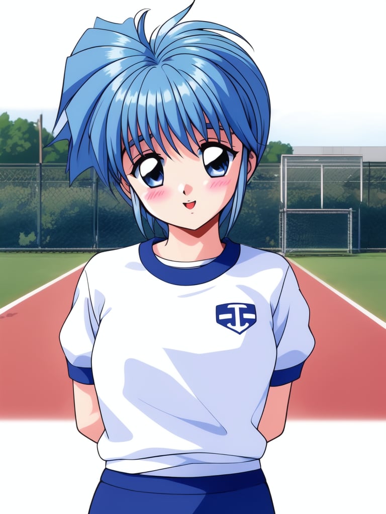 <lora:Nijino_Saki:0.8> NijinoSaki, 1girl, buruma, gym uniform, arms behind back, headband, blush, solo, blue buruma, solo focus, retro artstyle,on, large_filesize, full color, 