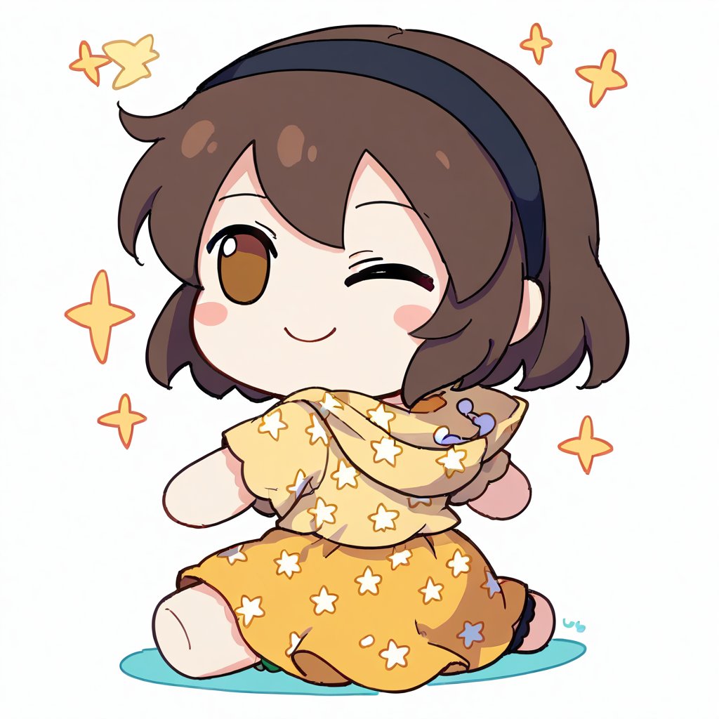 1girl,    fumo doll, chibi, solo, yellow skirt, barefoot, character doll, smile, polka dot socks, brown eyes, looking back, hairband, blush stickers, white background, hood, brown hair, closed eyes, short sleeves, yellow shirt, one eye closed, shirt, ;3, looking at viewer, star \(symbol\), sitting, ^_^, star print, skirt, print shirt, happy, simple background, black hairband, indian style, score_9, score_8_up, score_7_up, source_anime <lora:XL_fumo_(doll)(pony):1>