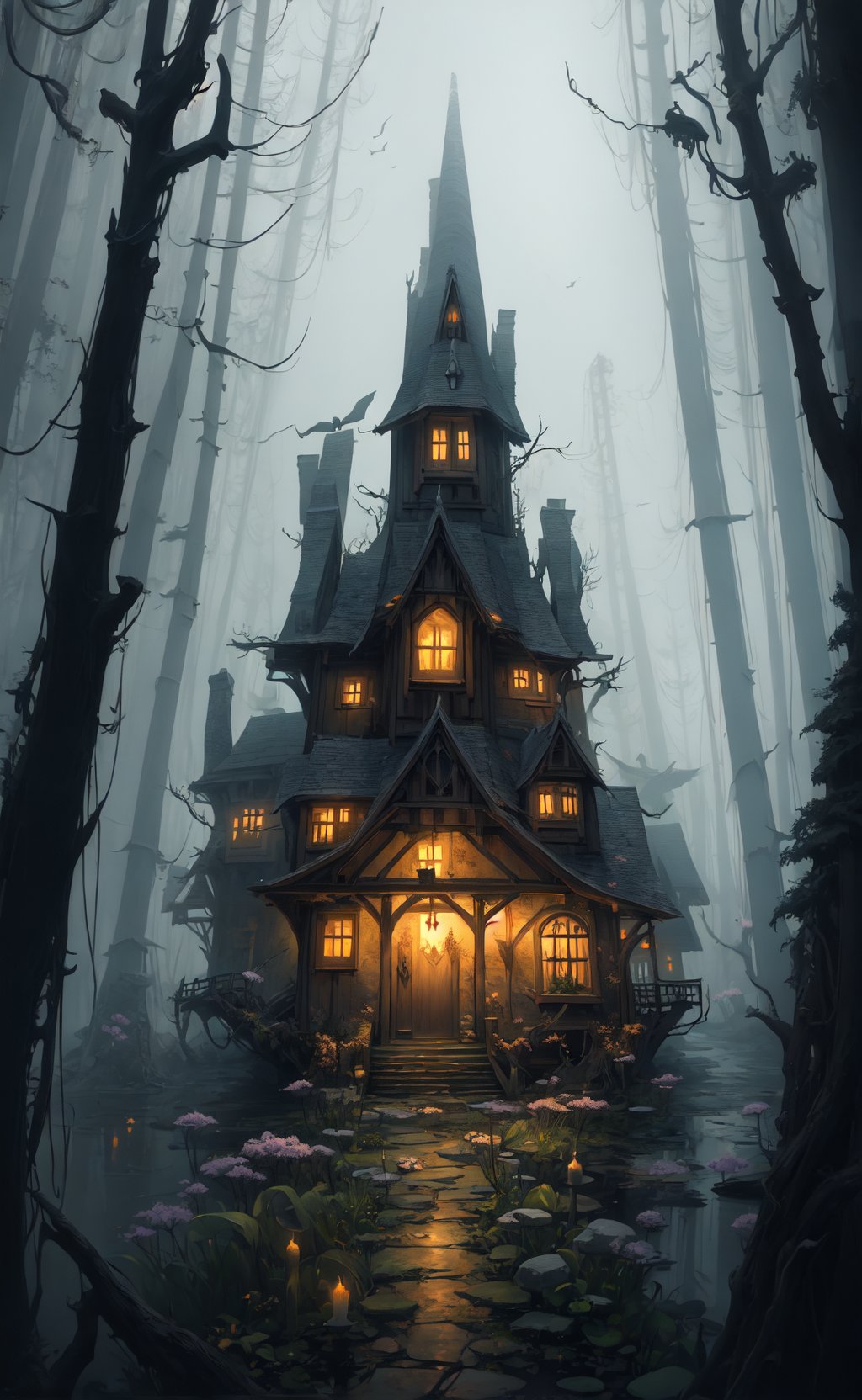 masterpiece, best quality, beautiful oil painting illustration, eerie witch cottage deep in a magical forest, dark, moody, mysterious