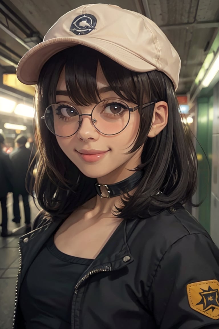 smiling at viewer, (portrait, upperbody:1.2), parted lips, cheeky smile,lexupdog, 1girl, lips,  long black hair, blunt end bangs, brown eyes, glasses, wearing cap, black choker, puffy y2k jacket, realistic, picturesque,outdoors, night-time, underground subway, little toyko, bustling, depth of field, <lora:lexupdog_v3-04:0.8>