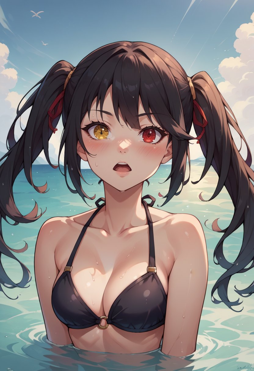 score_9, score_8_up, score_7_up, source_anime, TokisakiKurumi, black hair, twintails, heterochromia, red eye, yellow eye, clock eyes, upper body, portrait, ocean, partially submerged, black bikini, open mouth, blush, wet, <lora:ChamTokisakiKurumiPDXL:1>