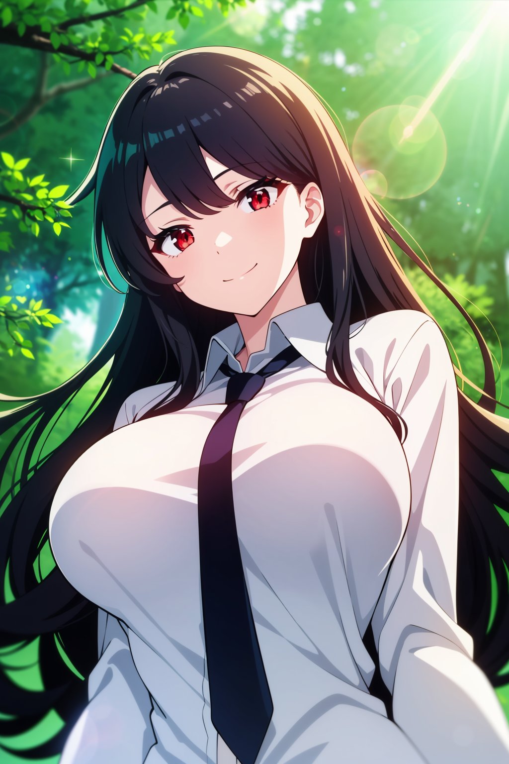 1girl, solo,long hair, wavy hair, black hair, red eyes, large breasts, white shirt, collared shirt, necktie, seductive smile, head tilt, long sleeves, forest, lens flare, from side, from below, masterpiece, best quality, 