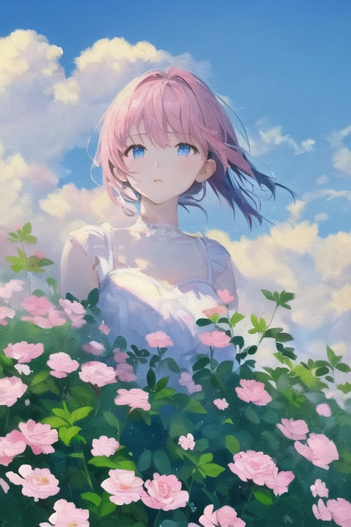 (((masterpiece))),((extremely detailed CG unity 8k wallpaper)),best quality,high resolution illustration,Amazing,highres,intricate detail,(best illumination, best shadow, an extremely delicate and beautiful),acrylic painting,1girl,flower,sky,white flower,cloud,blue sky,leaf,outdoors,day,plant,scenery,still life,pink flower,cloudy sky,<lora:acrylic_painting:0.8>,<lora:hatsunemiku1:0.7>,