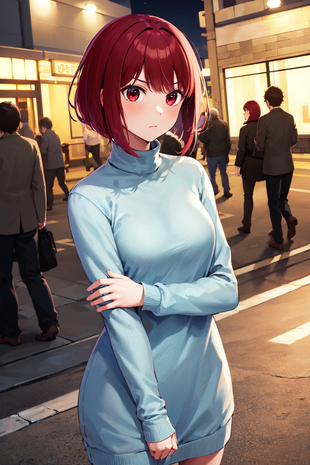 masterpiece, best quality, highres, aakana, short hair, red eyes, <lora:arima_kana_v1:0.7>, sweater dress, turtleneck, street, night, standing, serious