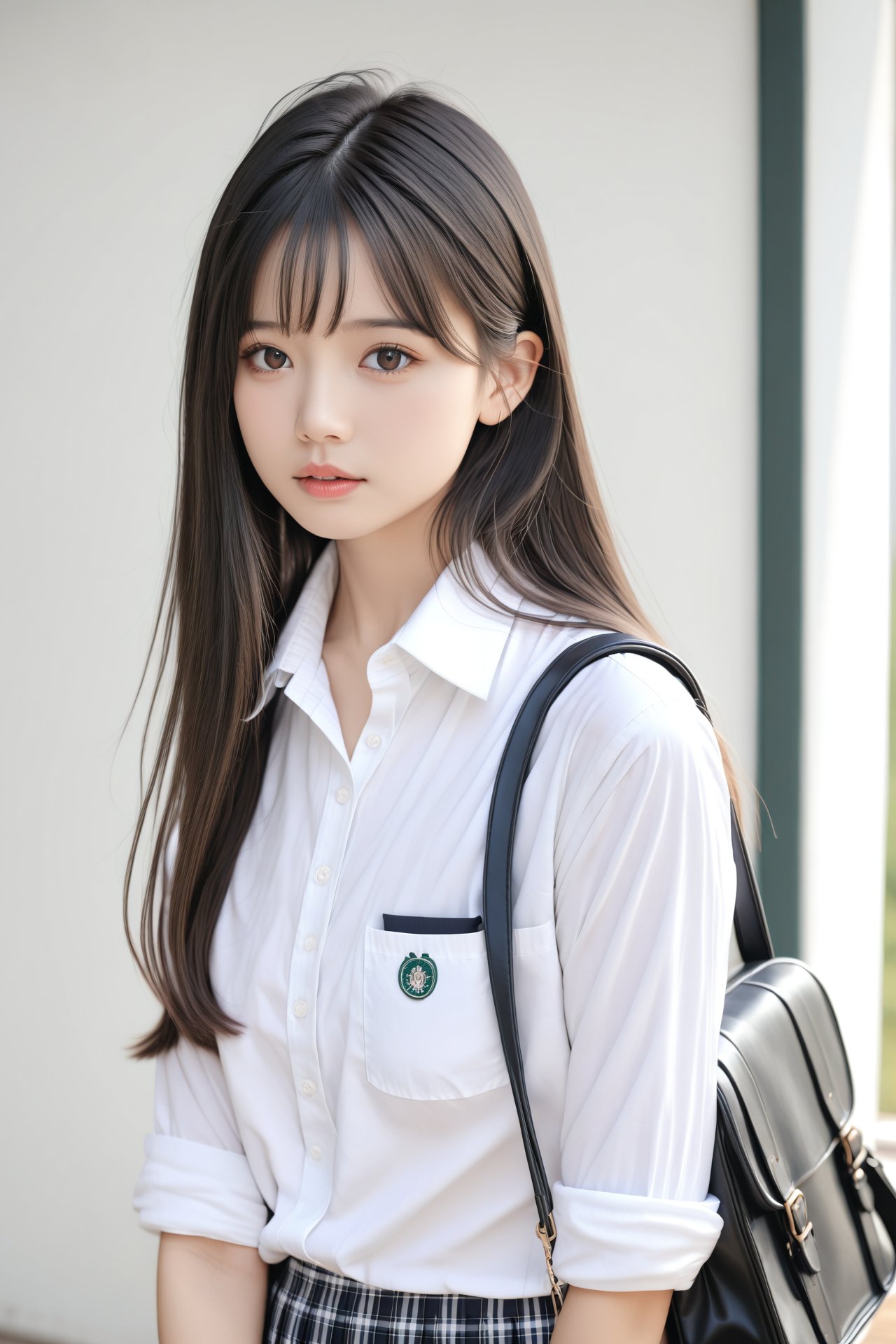 masterpiece,Realism,best quality,loli,1girl,long hair,bag,black hair,solo,school uniform,shirt,sleeves rolled up,blurry,looking at viewer,skirt,school bag,white shirt,realistic,lips,depth of field,upper body,black eyes,shoulder bag,brown eyes,nose,parted lips,plaid,plaid skirt,collared shirt,