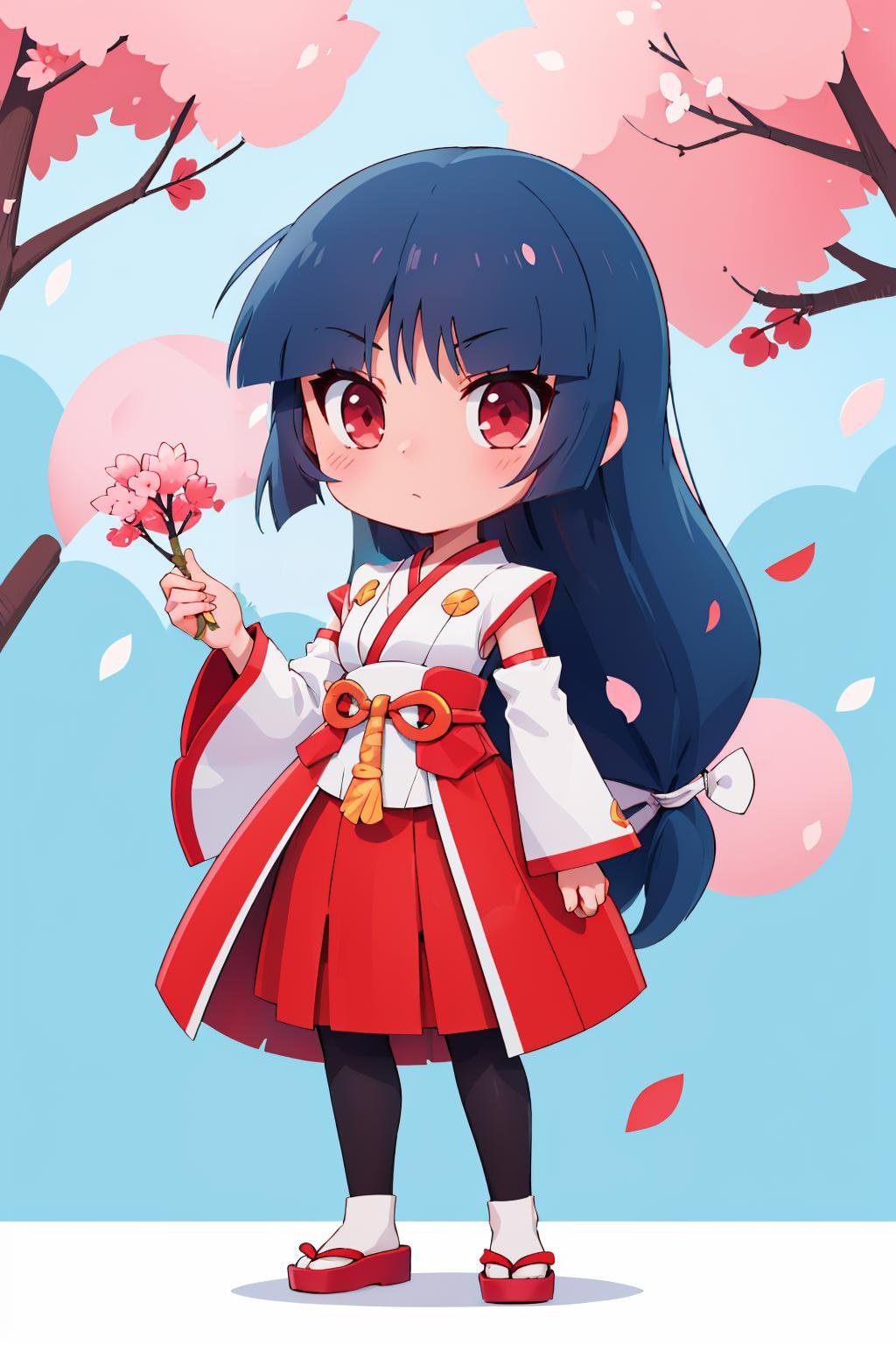 masterpiece, best quality, <lora:sabrina-nvwls-v1-000009:0.9> nysabrina, blue hair, low-tied long hair, blunt bangs, japanese clothes, red skirt, sash, detached sleeves, pantyhose, cherry blossoms, standing, looking at viewer, blue sky, chibi