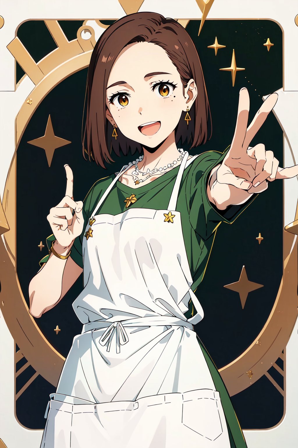 <lora:KotohaTachibana:0.8>, Kotoha Tachibana, 1girl, solo, looking at viewer, blush, smile, short hair, open mouth, brown hair, shirt, brown eyes, jewelry, white shirt, upper body, :d, earrings, necklace, mole, apron, mole under eye, pointing, emphasis lines, pointing at viewer, green background, ((masterpiece)), <lora:animetarotV51:0.75>