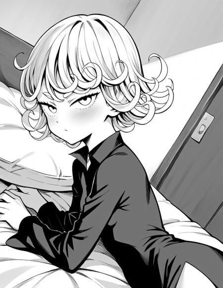 score_9, score_8_up, score_7_up, source_anime,tatsumaki, <lora:opm-tatsumaki-manga-ponyxl-lora-nochekaiser:1>,tatsumaki, short hair, curly hair, monochrome, greyscale,long sleeves, dress,indoors, bed, bed room, on side, blush, drunk,looking at viewer, cowboy shot, solo, dutch angle,