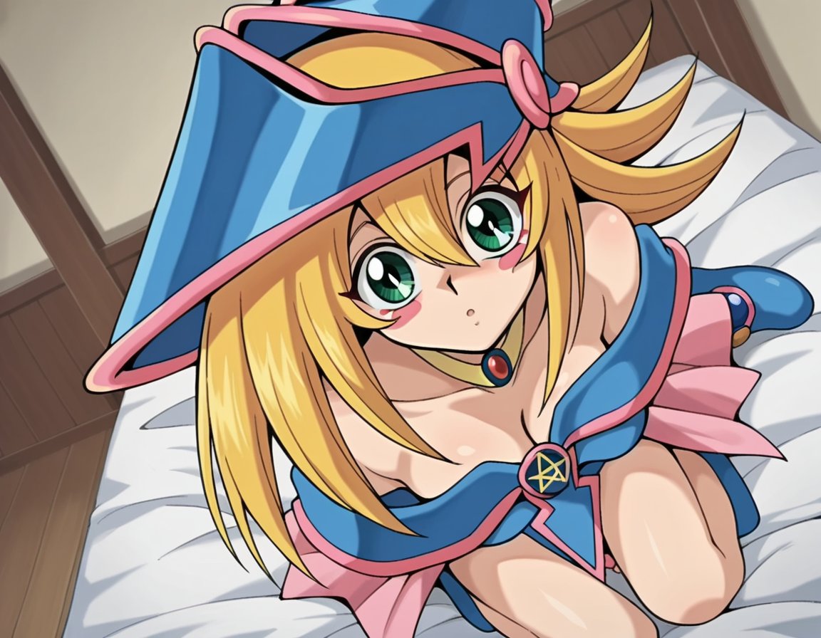 score_9, score_8_up, score_7_up, source_anime,darkmagiciangirl, <lora:dark-magician-girl-anime-ponyxl-lora-nochekaiser:1>dark magician girl, blonde hair, choker, green eyes, long hair, blush, blush stickers,bare shoulders, blue footwear, blush, blush stickers, cleavage, collarbone, duel monster, hat, off shoulder, pentacle, wizard hat,indoors, bed, bed room, on side, blush, drunk,looking at viewer, dutch angle, cowboy shot,