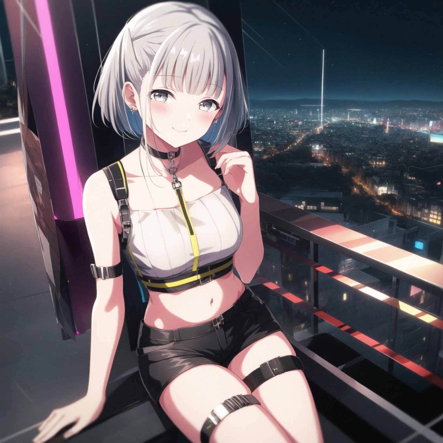 (masterpiece, best quality), 1girl, solo, ipkana, crop_top, shorts, thigh_strap, choker, <lora:kana-000016:0.75>, grey_eyes, smile, blush, city, night, night_sky, neon_light