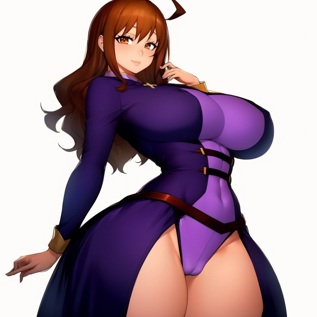 (masterpiece, best quality:1.3), Fumio, 1girl, solo, looking at viewer, wide hips, mature female, closed mouth, simple background, seductive smile, large breasts, cowboy shot, thick thighs,  <lora:Fumio Style Lora:1>, wizdef, brown hair, long hair, ahoge, brown eyes, dress, purple dress, cross,  <lora:Wiz - Konosuba v1:.8>