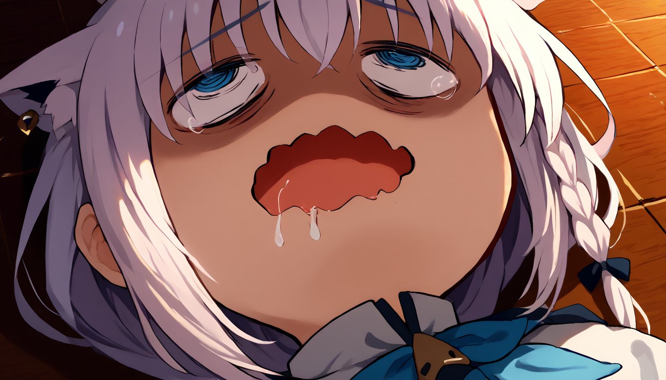 score_9, score_8_up, score_7_up, source_anime, portrait, solo, 1girl, fubukibase, white blouse, blue neckerchief, white hair, single side braid, ahoge, piercing, bocchianxiety, open mouth, wavy mouth, mouth drool, rolling eyes, on floor <lora:meme_bocchianxiety_ponyXL-000014:1> <lora:fubukiXL:0.9>