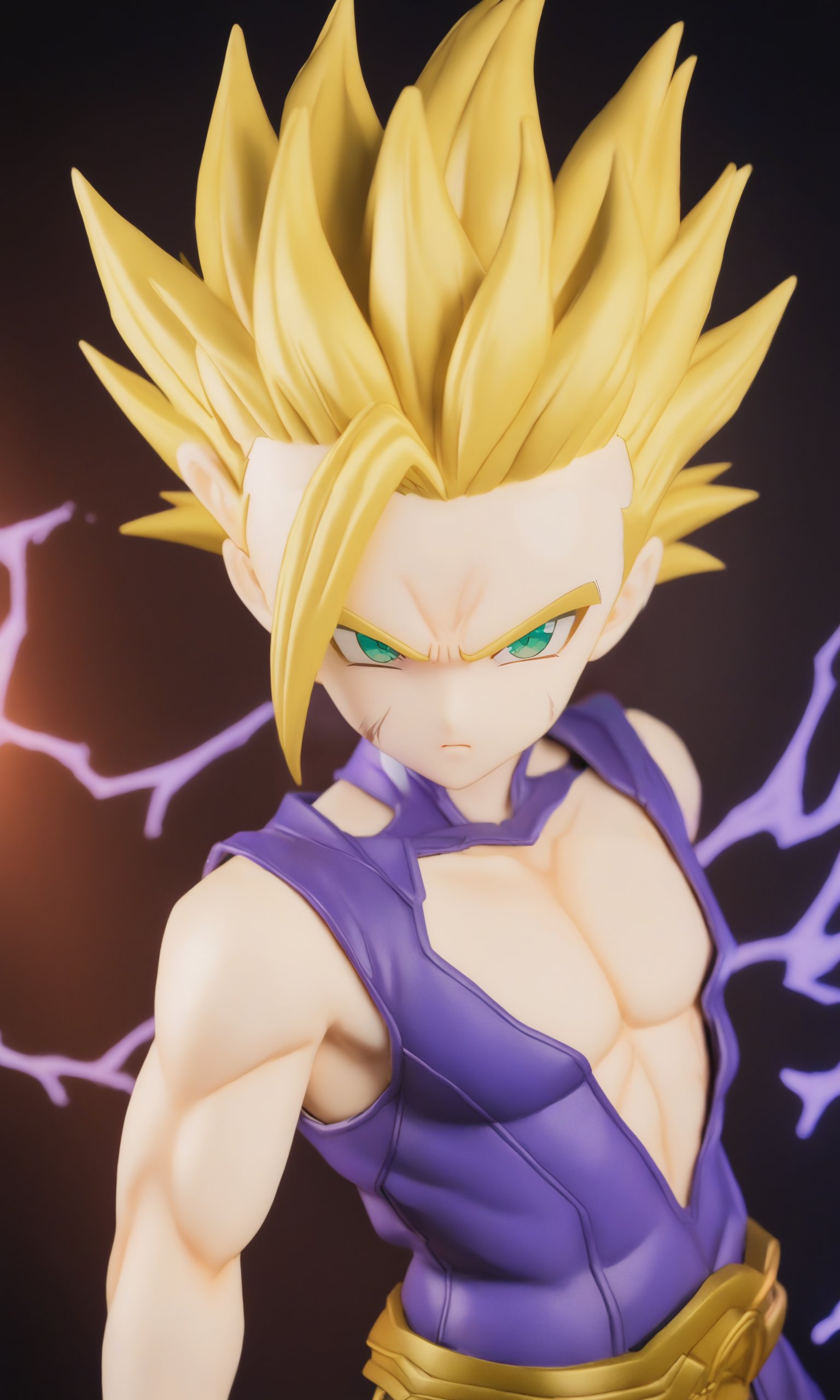 figure,1boy,gohan,super saiyan 2,purple dougi,green eyes,blonde_hair,yellow aura,electricity,ki,serious,cowboy_shot,clenced fists,(masterpiece,best quality,detailed,highres),detailed_face,dark_colors,<lora:Gohan_Super_Saiyan_2Tribute_to_Akira_Toriyama:0.8>,