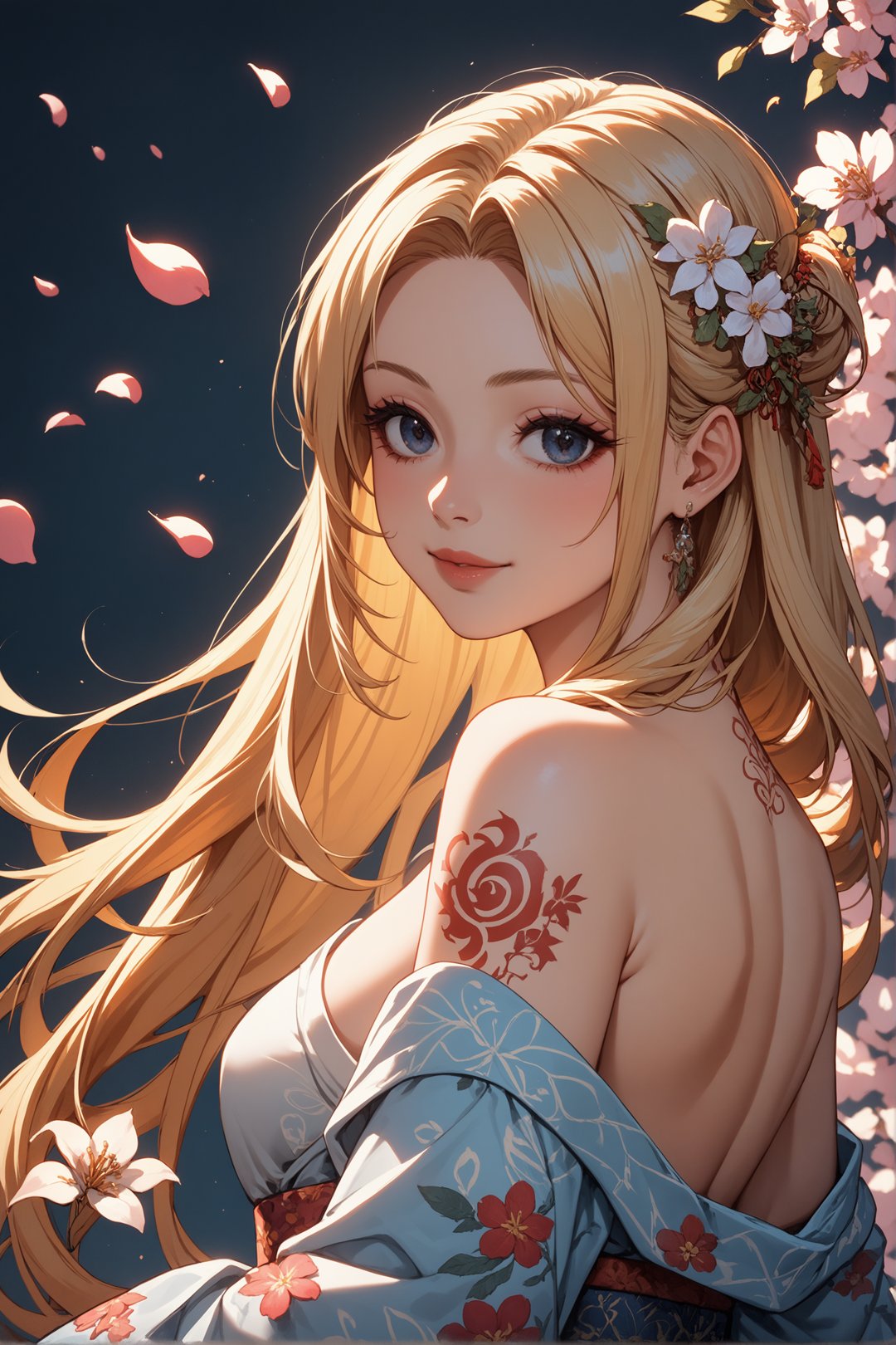 score_9, score_8_up, score_7_up, 1girl, floral kimono, exposed shoulders, from side, beautiful face, thick eyelashes, glossy eyes, blonde hair long hair, cute smile, dark eyeshadow, shoulders tattoos, back tattoos, floral decoration in hair, sakura petals, beautifully backlit, wideshot, tsukuyomi