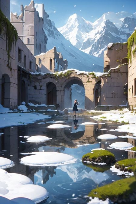 (masterpiece, best quality, chromatic aberration), (1girl:1.2), upper body, snowy landscape, with snow-capped mountains, panorama, Illustrate the ruins of an ancient castle, with crumbling walls, mysterious passageways, reflection,  and a sense of history and intrigue, water, moss