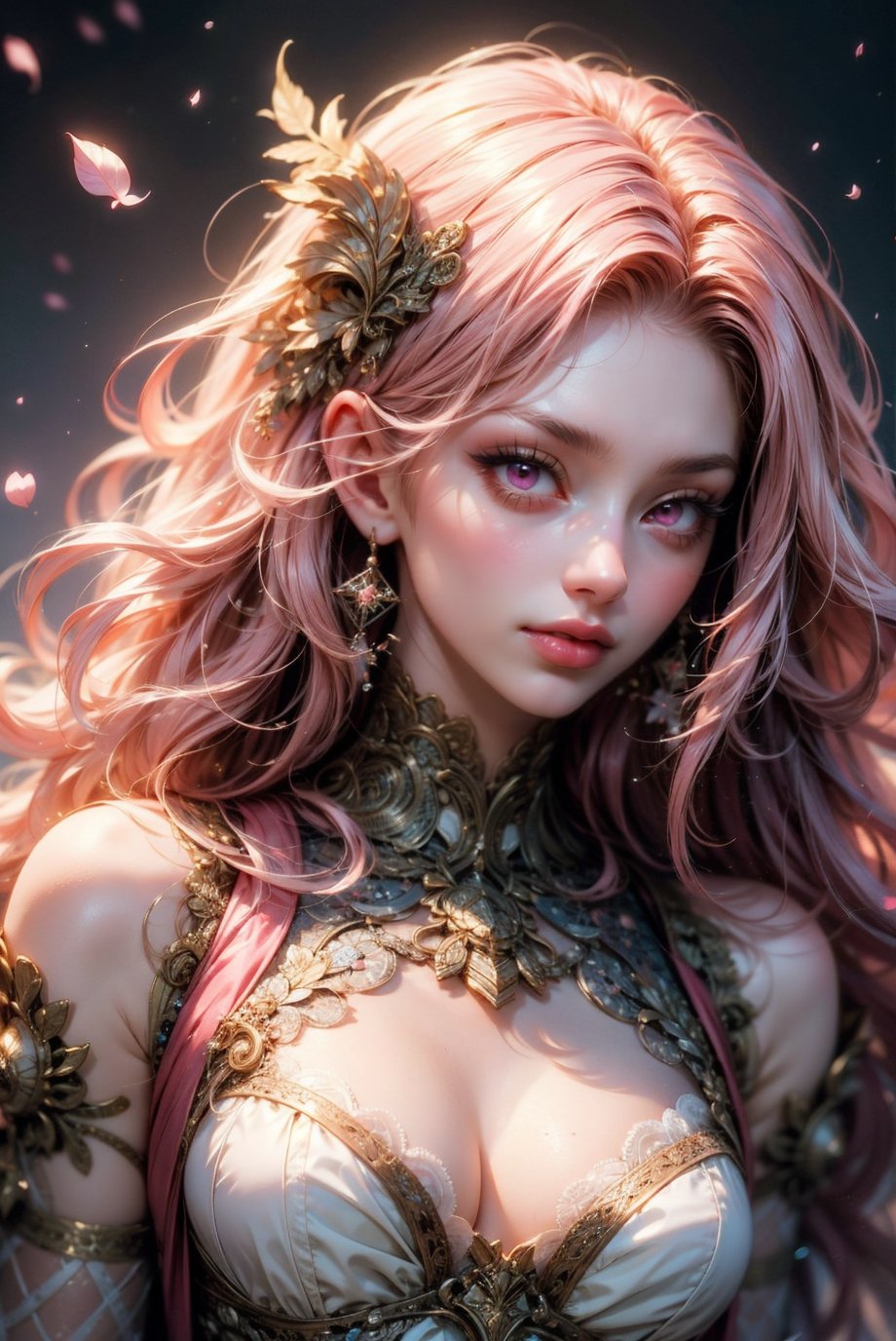 (masterpiece), (best quality), (ultra-detailed), ((masterpiece)) ((best quality)) ((ultra-detailed)), Light pink hair, pink eyes, pink and white, sakura leafs, vivid colors, white dress, paint splash, simple background, ray tracing, long hair, wavy hair