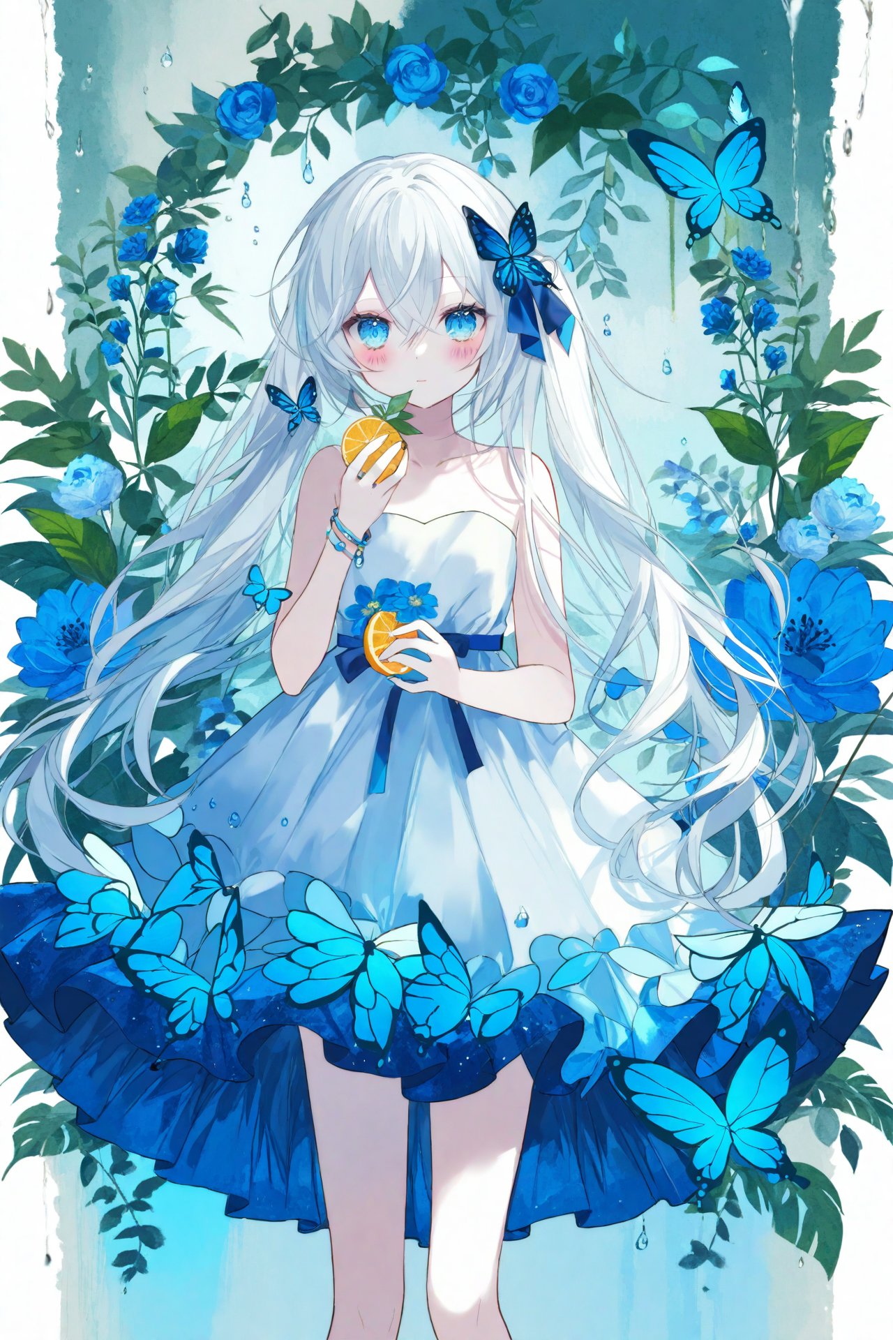 masterpiece,best quality,high quality,(colorful),Artist onineko,1girl,loli,flower,solo,hair ornament,dress,bug,butterfly,blue eyes,hair flower,long hair,holding,looking at viewer,blue flower,white dress,blue butterfly,bare shoulders,food,fruit,hair between eyes,strapless dress,strapless,jewelry,collarbone,white hair,blush,ribbon,standing,plant,closed mouth,bracelet,water drop,blue ribbon,leaf,