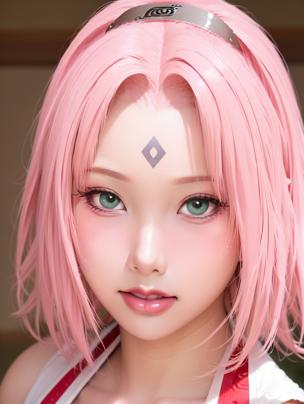 masterpiece,soft light and shadow,1girl,haruno sakura,solo,looking at viewer,short hair,bangs,green eyes,beautiful big eyes,eyelash,collarbone,pink hair,parted lips,japanese clothes,teeth,blurry,blurry background,portrait,forehead mark,realistic,nose,<lora:lbc_haruno_sakura_240324_v1.0-000010:0.9>,