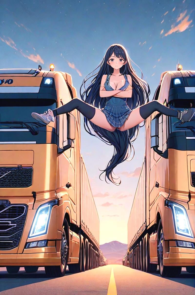 source_anime, score_9, score_8_up, score_7_up, score_6_up, score_5_up, score_4_up, wide shot, from below, big truck, golden truck, epic split, split, crossed arms, spread legs, outstretched leg, sky, wind, volvo, desert road, center line, distant sierra, vanishing point, headlight, closed mouth, night, evening, solo, 1girl, cute, looking at viewer, black hair, absurdly long hair, red ribbon, red bow, naked overalls, plaid skirt, black thighhighs, sneakers, sweat, cleavage, shy, blush, slim figure, <lora:girllikeepicsplit_pony:1>