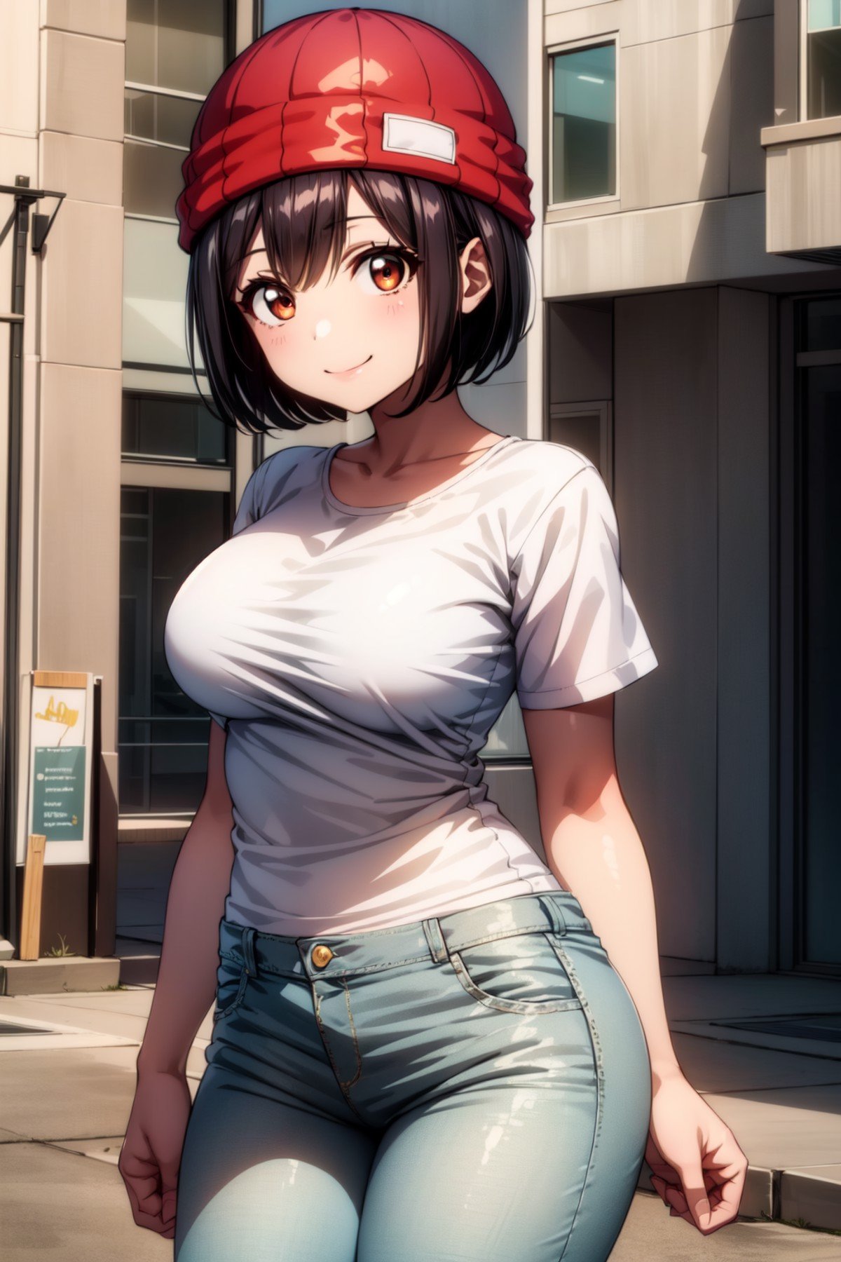 best quality, masterpiece, 1girl, (solo:1.1), raytracing, ultra detailed,detailed face, 8k wallpaper,  wide hips, <lora:more_details:0.5>,  smile, FuukoIzumoNDV, 1girl, black hair, brown eyes, large breasts, short hair, red beanie, white t-shirt, jeans, outdoor,<lora:FuukoIzumoNDV:0.7>