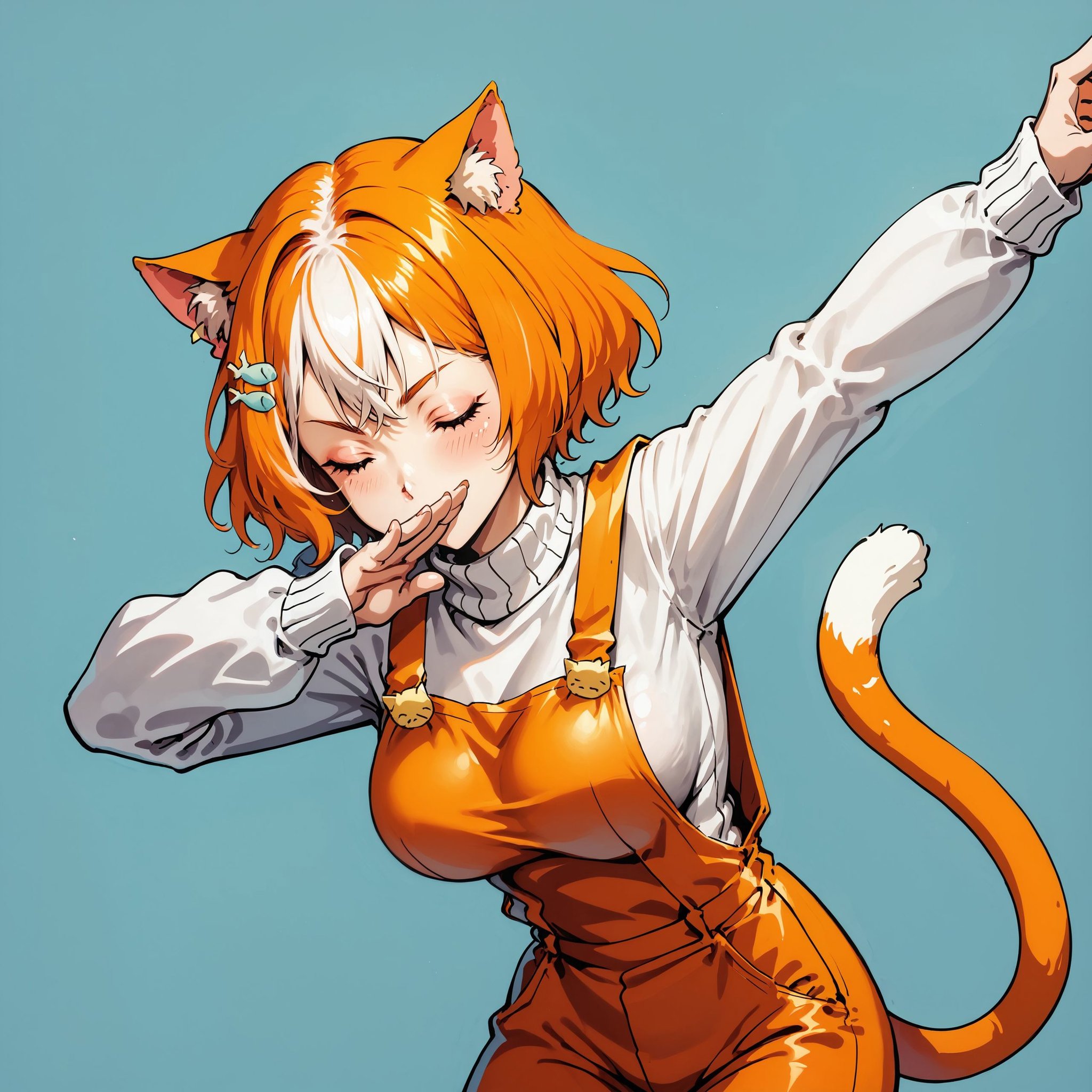 score_9, score_8_up, 2D,BREAK,(dab \(dance\):1.2), simple background, <lora:Pony_dab_1280_newsettings:0.65>, closed eyes,BREAK,solo, 1girl, tail, cat tail, large breasts, cat girl, animal ear fluff, orange hair, multicolored hair, white hair, short hair, (animal ears, cat ears:1.2), fish hair ornament, hair ornament, hairclip, hair over ears, bangs, two-tone hair, orange overalls, overalls, white sweater, sweater, long sleeves, turtleneck, turtleneck sweater, breasts, <lora:Pony_marsey_2k_1280:0.55>