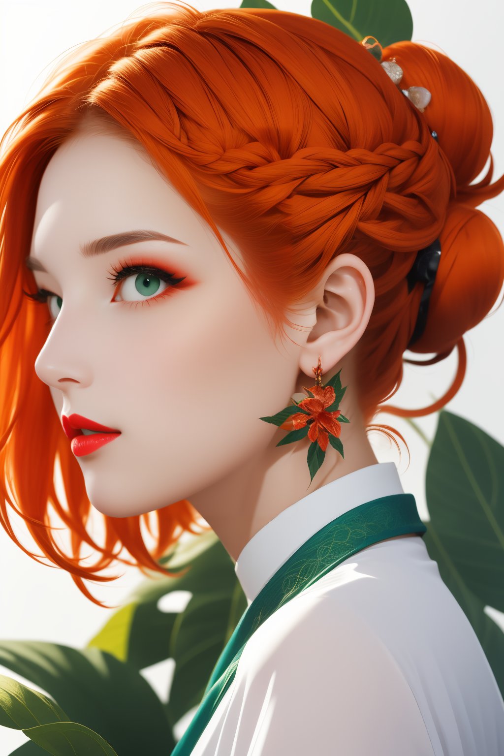 lbc girl, a woman with red hair and a green leafy head, solo, blue eyes, hair ornament, white background, jewelry, closed mouth, earrings, hair bun, orange hair, from side, lips, eyelashes, profile, leaf, single hair bun, plant, red lips