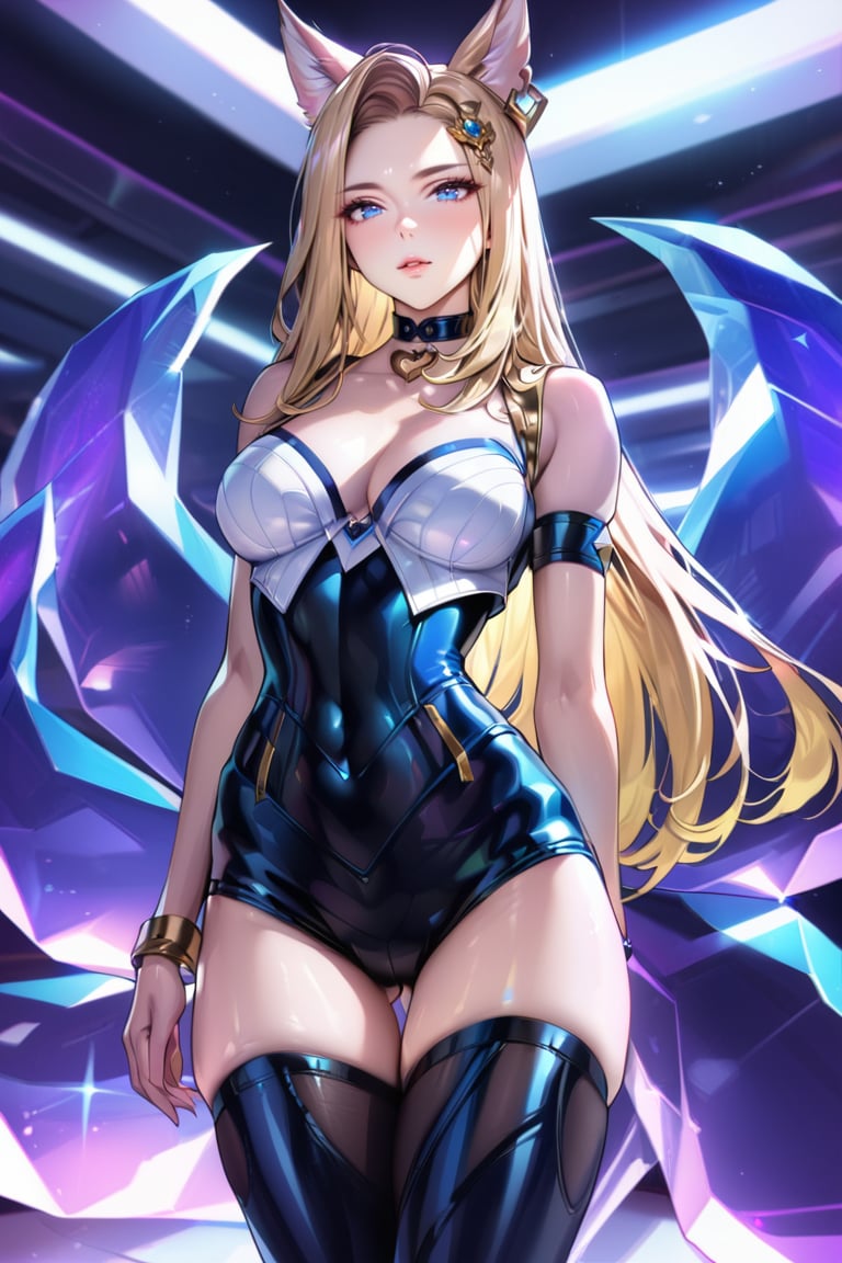 (Masterpiece), mature, HDR,UHD,8K, best quality, Highly detailed, physically-based rendering, extreme detail description, perfect skin, shiny skin, shiny hair,perfect face, 1girl, kda1, blonde hair, yellow eyes, thighighs, facial mark, animal ears, tail, choker,Ahri, K/DA Ahri, bare shoulders, arm straps,LeagueOfLegendsAhri, long hair, bracelet, jewelery, heart choker, multiple tails, idol, cleavagefox ears, earrings,black leotard, white top, high thighhighs, magenta tail, ((black thighhighs)),ahri, black stockings<lora:EMS-335737-EMS:0.600000>, <lora:EMS-388761-EMS:0.100000>, <lora:EMS-418641-EMS:0.800000>