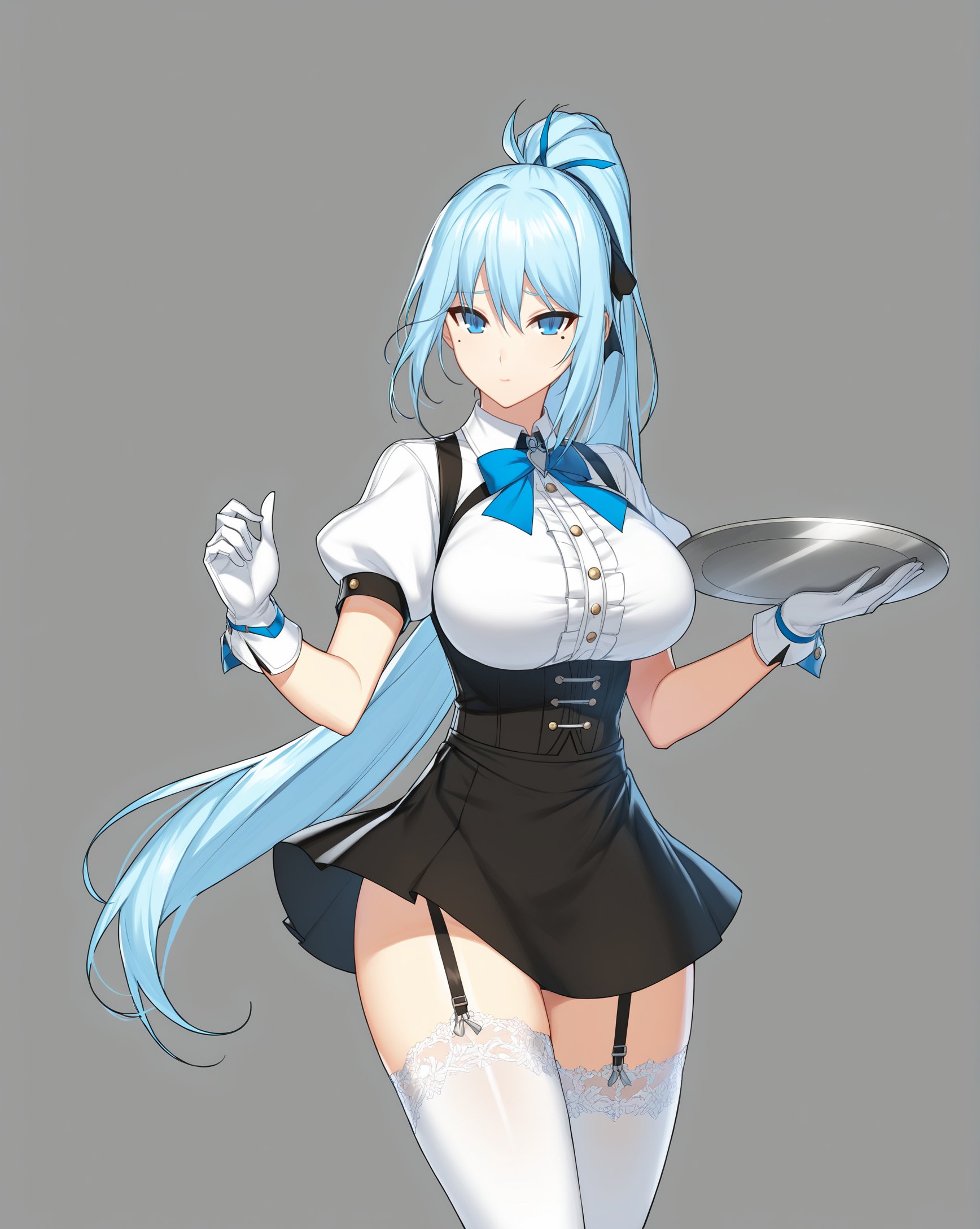 <lora:closers-000002:1>,closers,harpy_\(closers\),1girl,thighhighs,breasts,gloves,long hair,large breasts,garter straps,white legwear,white gloves,blue eyes,mole,mole under eye,looking at viewer,skirt,tray,white background,holding,short sleeves,very long hair,simple background,ponytail,puffy sleeves,ribbon,puffy short sleeves,hair ribbon,holding tray,high-waist skirt,shirt,black skirt,underbust,